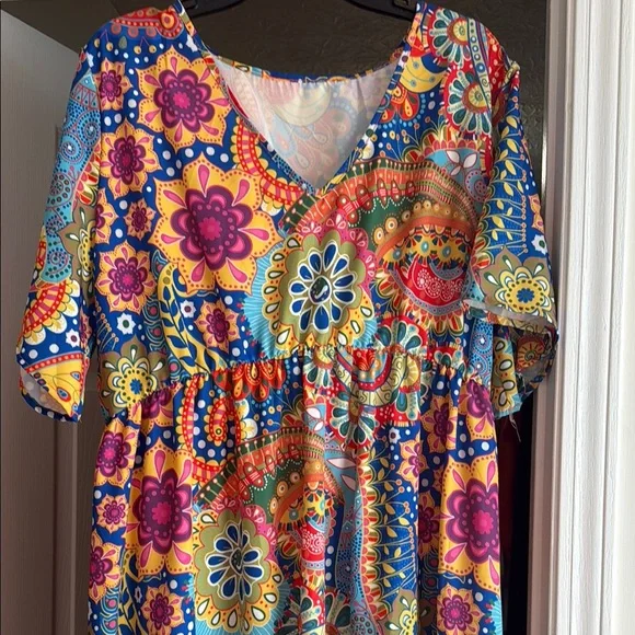 Red and Blue Puff Sleeve V-Neck Maxi Sundress - Picture 2 of 13